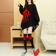姿派女孩春秋不規(guī)則針織衫女中長(zhǎng)款新款春秋裝外穿寬松衛(wèi)衣慵懶 黑色 小碼【建議30-50斤】