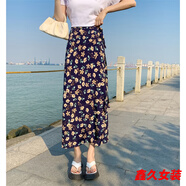 美安嘉傣族裙子女西雙版納民族風(fēng)印花開叉裹裙海邊度假一片式綁帶半身裙 藍(lán)底海棠花-a字半身裙 均碼 系帶腰圍可調(diào)節(jié)-a字半身裙