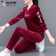 啄木鳥(niǎo)品牌金絲絨運動(dòng)套裝女春秋2025新款中年休閑洋氣減齡兩件套 酒紅色 M (80-95斤)