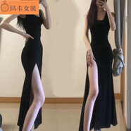 NJTD后媽裙包臀性感裙成熟純風(fēng)辣妹高開(kāi)叉收腰顯瘦背心連衣裙女秋 黑色 S 70-90斤