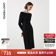 朗姿羊毛一字領(lǐng)法式復古氣質(zhì)長(cháng)袖針織連衣裙冬季新款裙子 黑色 M