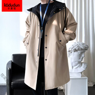 卡度頓秋冬款長(cháng)款過(guò)膝風(fēng)衣男連帽韓版大碼寬松撞色拼接外套男大衣潮披風(fēng) F175卡其色春秋款 3XL （建議180-200斤左右）