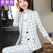 紫魅俏職業(yè)裝女裝套裝春秋冬格子小西裝長(zhǎng)袖韓版西服時(shí)尚休閑工作服外套 白格(單件西裝) L (建議100-110斤)
