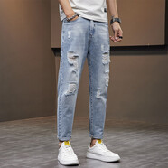 飛艘渡春夏薄牛仔褲男韓版修身破洞彈力小腳褲 仔褲男時尚街頭潮款9分褲 HP101淺藍(lán) 30碼=腰圍2尺3
