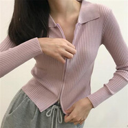 polo領(lǐng)針織開(kāi)衫女薄款早秋新款修身顯瘦短款雙頭拉鏈長(zhǎng)袖上衣 藕粉色 S