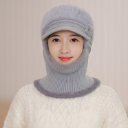 冬季騎車防風連體包頭帽女擋風冒中老年人兔毛針織圍脖一體鴨舌帽鴨嘴帽子保暖防寒毛線連體 五瓣花連體款  灰色 圍脖連體帽，加絨保暖有彈性