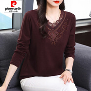皮爾卡丹（pierre cardin）德絨蕾絲打底衫女裝2025秋冬新款洋氣媽媽長(cháng)袖t恤大碼保暖上衣服 酒紅色 M (建議85-110斤)