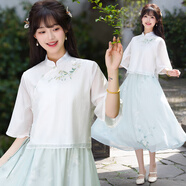 妖妮旗袍漢服女成人年輕日常2025新中式國風文藝少女繡花連衣裙兩件套 6522 白色上衣+綠色裙 M （建議體重85-95斤)