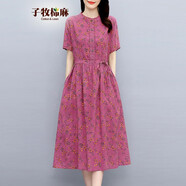 子牧棉麻夏裝碎花連衣裙收腰短袖打底裙氣質(zhì)中長(cháng)裙5218 玫紅色 XXL(建議129-140斤)