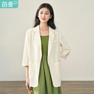 茵曼（INMAN）亞麻小西裝秋季女裝新款翻駁領(lǐng)七分袖上衣 梨花杏 M