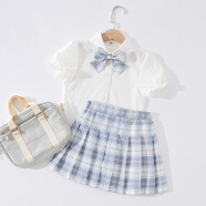 jk裙套裝全套夏季兒童學院風班服夏天半身短裙女童10歲裙子粉色格子裙 晴空藍套裝(沒有包包) 150cm