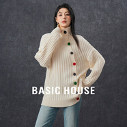 百家好（Basic House）Basic House/百家好不規(guī)則斜邊紐扣毛衣女秋冬中長(zhǎng)款加厚開(kāi)衫上衣 米白 S
