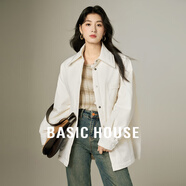 Basic House/百家好純色襯衫式輕薄羽絨服秋冬白鴨絨休閑短外套女 白色 M （110-125斤）