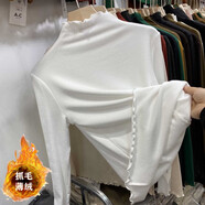 萌菲思大碼女裝衛衣女大碼打底衫女胖mm秋冬薄絨螺紋內搭木耳邊半高領(lǐng)百搭彈力上衣女新T恤 白色【抓毛薄絨】 4XL 180-200斤