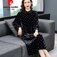 皮爾卡丹（pierre cardin）官方高端真絲金絲絨連衣裙女秋季氣質(zhì)中老年高貴真絲絨裙子?jì)寢屟b 品牌旗艦黑色波點(diǎn) L