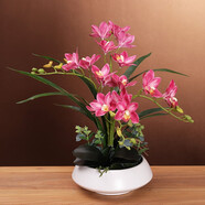 高檔蕙蘭仿真花假花帶花瓶套裝擺件家居客廳電視柜餐桌前臺(tái)裝飾花 白瓶+玫紅色套裝