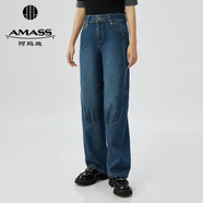 阿瑪施（AMASS）女裝新款復古丹寧解構(gòu)式直筒牛仔休閑長褲女5100432 丹寧藍 S (2碼)