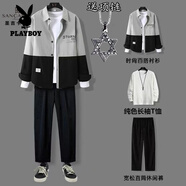 花花公子三件套裝春季新款休閑套裝男潮流一套搭配帥氣一整套寬松襯衫男裝 拼接貼標(biāo)灰色+休閑褲+T恤[三件 均碼 XL115-130斤