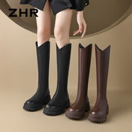 ZHR長(zhǎng)筒靴女過(guò)膝皮帶扣便捷拉鏈皮靴增高顯瘦女靴女鞋加絨保暖騎士靴 黑色（BL316A-簡(jiǎn)約款-加絨） 37