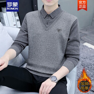 羅蒙（ROMON）假兩件男士襯衫領潮流帶領子秋冬季加絨打底針織衫男裝青年毛衣衫 8377加絨灰色 3XL 156-169斤左右