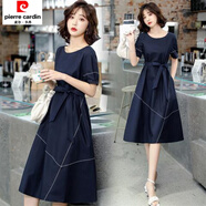皮爾卡丹御姐減齡連衣裙女中長(cháng)款2026夏季氣質(zhì)名媛英倫風(fēng)收腰顯瘦短袖裙子 藏青色 XL 適合116-128斤穿