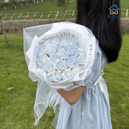 情人節(jié)花束肥皂花碎冰藍玫瑰黑騎士玫瑰花贈女朋友男友禮物香皂花 19朵碎冰藍+燈串賀卡