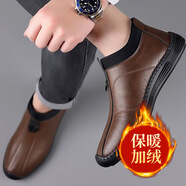 無肯皮鞋秋冬季一腳蹬運(yùn)動休閑皮鞋軟底男士英倫時(shí)尚男鞋加絨保暖棉鞋 FH-鉆乾- P-5棕色棉鞋 42