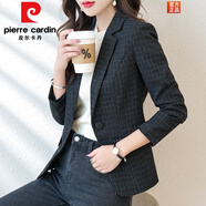 皮爾卡丹（pierre cardin）休閑格子小西裝外套女春秋季款修身收腰韓版短款呢子西服長(cháng)袖上衣 單件黑色格小西裝 XL