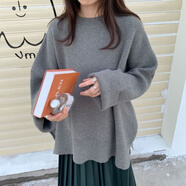 新款韓版純色開叉寬松毛衣女學(xué)生長(zhǎng)袖百搭顯瘦中長(zhǎng)款針織衫潮 灰色 L 105-115