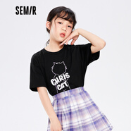 森馬（Semir）童裝短袖T恤男童女童貓咪卡通圖案圓領(lǐng)上衣2021夏季新款 黑色9000 110 cm