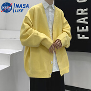 淘茲朗 高檔純色簡(jiǎn)約V領(lǐng)針織開(kāi)衫毛衣男士潮牌ins秋冬季寬松慵懶風(fēng)外套 黃色 L