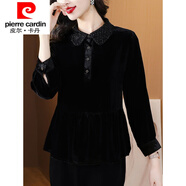 皮爾卡丹（pierre cardin）黑色金絲絨襯衫女長(cháng)袖2025年秋裝新款復古氣質(zhì)收腰小衫高級感上衣 黑色 4XL