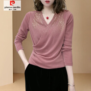 皮爾卡丹（pierre cardin）秋季新款V領(lǐng)德絨打底衫時尚交叉領(lǐng)設(shè)計氣質(zhì)減齡燙鉆上衣服 深粉色 3XL(建議(145-160斤))