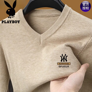 花花公子（PLAYBOY）品牌羊毛衫男100純羊毛秋冬款V領(lǐng)針織衫中年男士爸爸打底衫毛衣 長(zhǎng)袖A53駝色Y M 165推薦90-120斤
