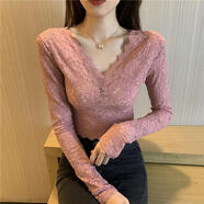 瑟空（SEKONG）2025春秋新款蕾絲打底衫透視感網(wǎng)紋小衫女設計感修身長袖上衣WMN 純欲風粉色蕾絲 S