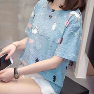 珞達達t恤女短袖2025春夏季韓版寬松體恤半袖女百搭休閑女裝上衣打底衫 藍色熱氣球 L 建議100-115斤