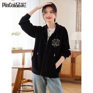 品彩（PinCai）厚外套女純色小狗印花外套氣質(zhì)百搭加厚連帽開(kāi)衫上衣 P44D006