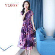 VIAFRR輕奢女裝高端連衣裙夏季優(yōu)雅氣質(zhì)修身顯瘦舒適印花復古輕熟風(fēng)收腰 紫色 S