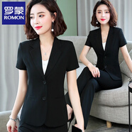 羅蒙（ROMON）短袖職業(yè)裝氣質(zhì)工作服夏季2025新款小西裝外套女薄款正裝西服套裝 一?？鬯{(lán)色西裝+裙子+褲子+吊帶 4XL
