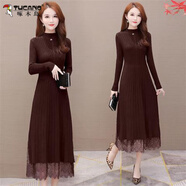 啄木鳥(niǎo)針織連衣裙2025新款秋中長(cháng)款過(guò)膝內搭配大衣收腰加絨加厚打底毛衣 咖啡色 3XL 135-150