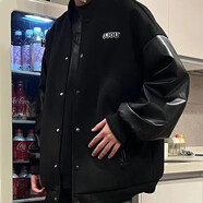7家優(yōu)品美式街頭棒球服字母黑色PU皮袖子單排扣拼接情侶百搭設計感外套 CNSD-Y77黑色 XL