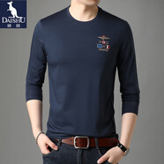 袋鼠長(cháng)袖t恤男圓領(lǐng)韓版休閑春秋季薄款絲光棉上衣時(shí)尚簡(jiǎn)約刺繡打底衫 深藍色 L (170)建議120斤-140斤