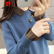 皮爾卡丹加絨加厚毛衣女秋冬新款套頭寬松韓版學(xué)生假兩件襯衫領(lǐng)羊毛針織衫 藍(lán)色9 2XL