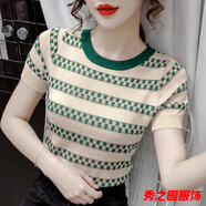 范哲莎【精選夏季新品】衣服女夏天的短袖T恤女歐貨小衫夏季新款薄款冰 綠色條紋-體桖衫女 XL -體桖衫女