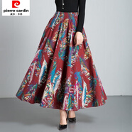 皮爾卡丹2025春秋新款棉麻半身長(cháng)裙復古民族風(fēng)女高腰中長(cháng)款亞麻大擺舞裙子 紅底羽毛 棉麻長(cháng)裙 L