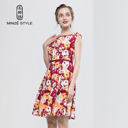 名師路雪紡連衣裙女春秋新款圓領(lǐng)修身打底背心裙淑女優(yōu)雅收腰印花A字裙 深紅色16 M