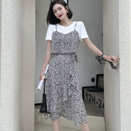 貝吉棋連衣裙2023夏季新款韓版女假兩件碎花吊帶雪紡荷葉邊高腰雪紡長裙 白拼黑 S 95斤以下