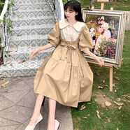 索宛亦（SUOWANYI）娃娃領(lǐng)連衣裙少女夏裝2021年新款初中高中學(xué)生韓版寬松日系長(cháng)裙 卡其色 M