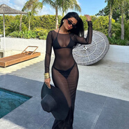 玉極虞ins街頭風(fēng)圓領(lǐng)長(cháng)款拖地網(wǎng)紗長(cháng)袖透視連衣裙包臀裙純色女 黑色 不含內衣 S