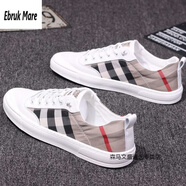 森馬休閑鞋男2025新款格子帆布鞋冰絲透氣休閑板鞋工裝靴子男男鞋 551米白色 39